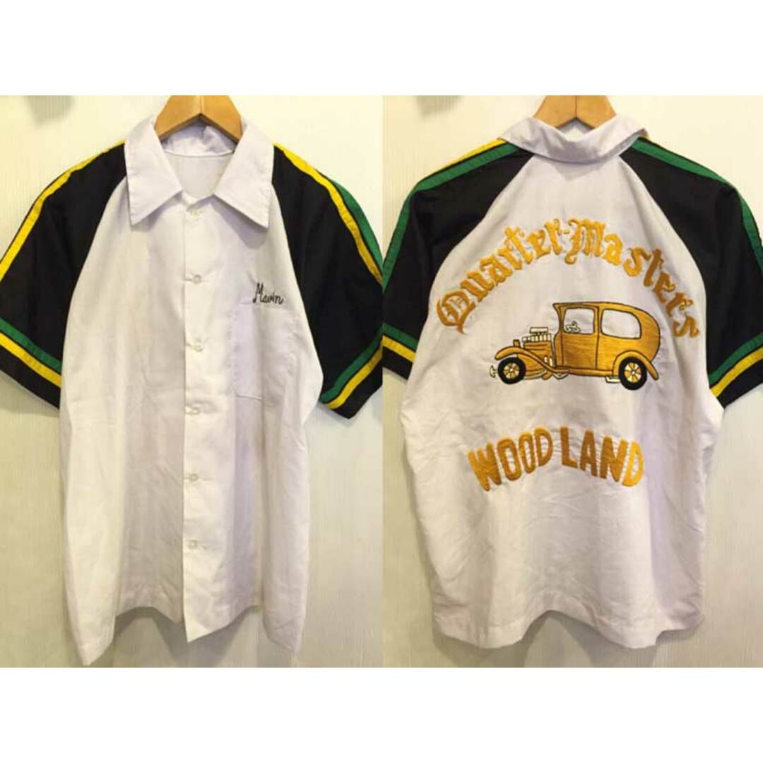 トップスボウリングシャツ "WOOD LAND" クラシックカー刺繍 白×黒 実寸(M位)