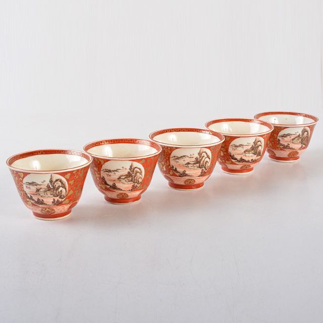 九谷焼 古九谷焼 赤絵金彩 山水人物花文 煎茶碗 五客 時代箱付 F