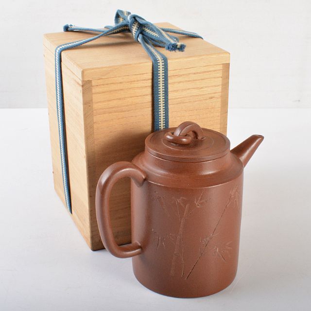 中国　紫砂　朱泥　漢詩竹文　急須　茶注　茶壷　在銘　時代箱付　M　R5475