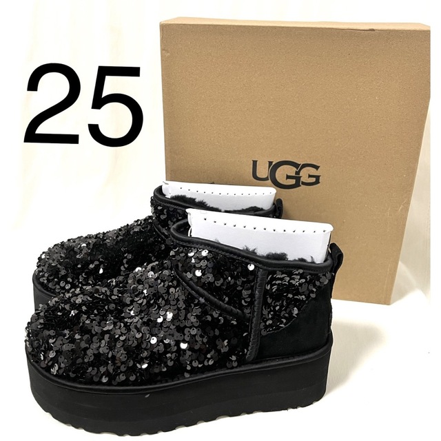 25 ugg ブーツ スパンコール クラシックミニ プラットフォーム 厚底 黒レディース