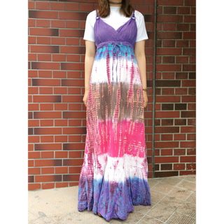 レディース TIE-DYE SUMMER MAXI DRESS/タイダイ マキシ キャミソール ワンピース 紫×ピンク系【SIZE:38】【中古】【Ethnic Boho Hippie Cotton】【ドレス】(その他)