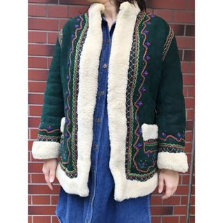 レディース VINTAGE EMBROIDERED MOUTON COAT/ムートン 刺繍　ジャケット コート グリーン 深緑【サイズ： M位】【中古】【70s　ボヘミアン】【レディース】(その他)