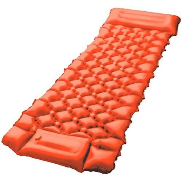 エアーマット オレンジ 枕一体型 連結可能  キャンプマット フットポンプ軽量 スポーツ/アウトドアのアウトドア(寝袋/寝具)の商品写真