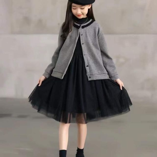 130 卒業式 服 長袖 ワンピース 子供服 女の子 2点セット ブラック キッズ/ベビー/マタニティのキッズ服女の子用(90cm~)(ワンピース)の商品写真