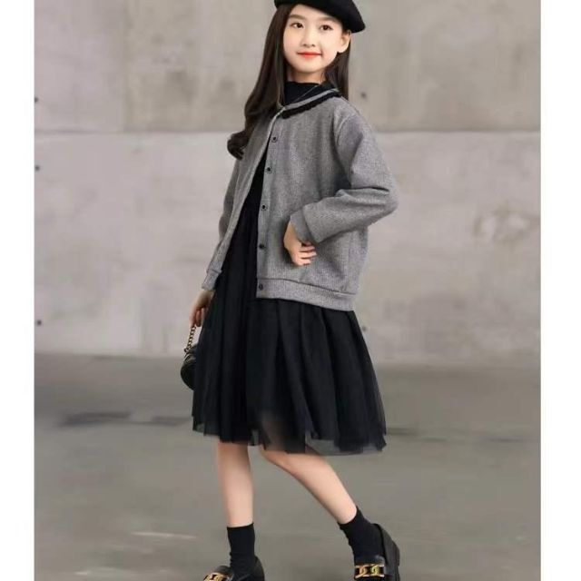 130 卒業式 服 長袖 ワンピース 子供服 女の子 2点セット ブラック キッズ/ベビー/マタニティのキッズ服女の子用(90cm~)(ワンピース)の商品写真