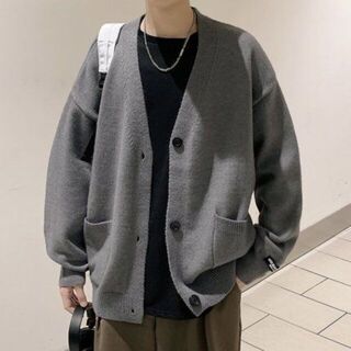 韓国 メンズ ニット カーディガン セーター オーバーサイズ 学生 グレー(ニット/セーター)