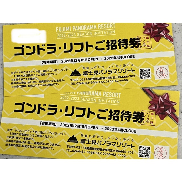 ▪︎有効期限富士見パノラマリゾート ゴンドラ・リフト券 ２枚 - スキー場