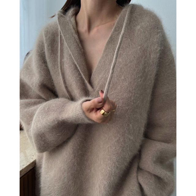 ANGORA OVER KNIT HOODIE ベージュ