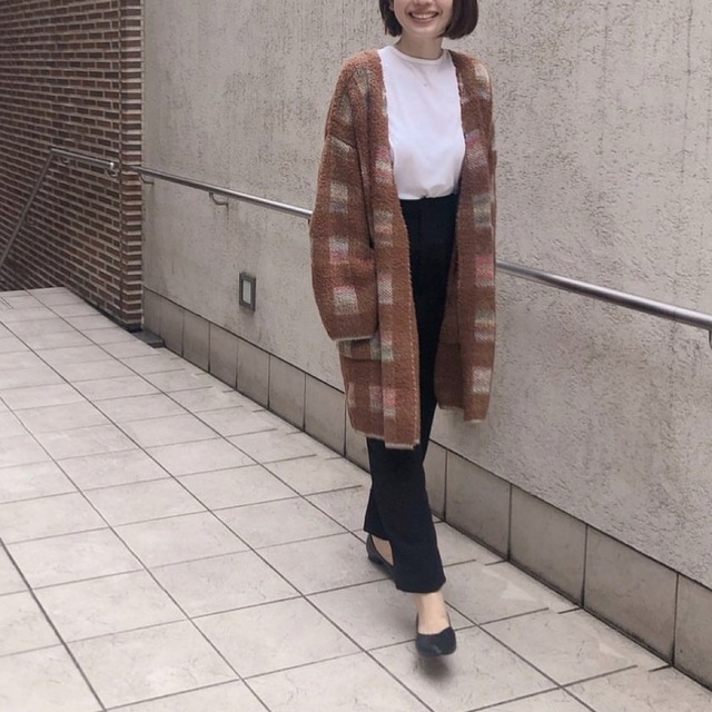 トップスBoa check sweater jacketブラウン