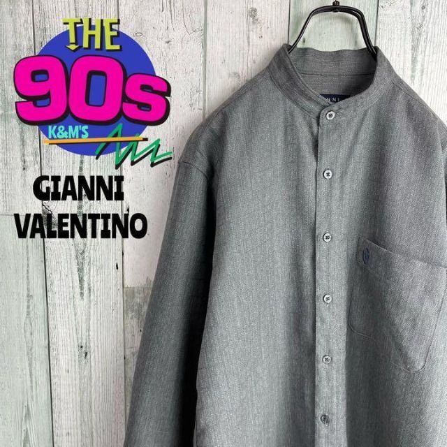 90's GIANNI VALENTINO ロゴ刺繍　ノーカラー　レトロシャツ