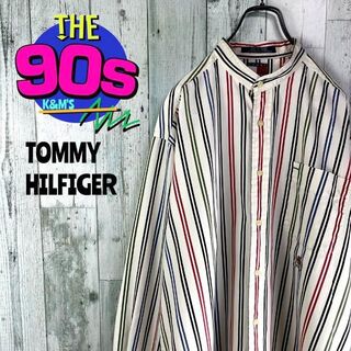 トミーヒルフィガー(TOMMY HILFIGER)の90's TOMMY HILFIGER ロゴ刺繍　ノーカラーストライプシャツ(シャツ)
