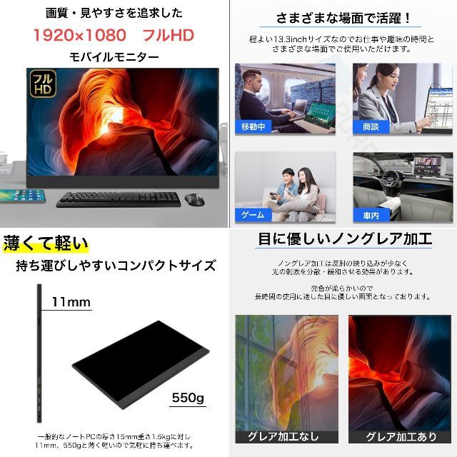 新品】モバイルモニター 13.3インチ FHD 1080p ブラック IPS 品数豊富