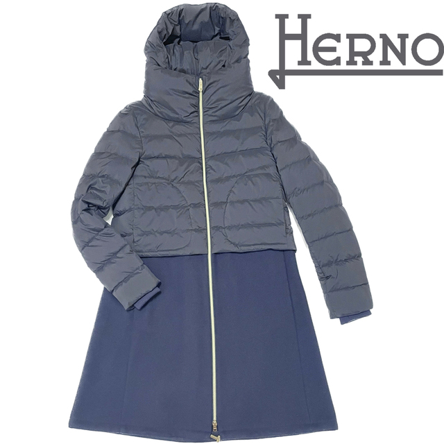 割引 HERNO 新品ヘルノHERNOウール切り替えダウンコートジャケット濃紺