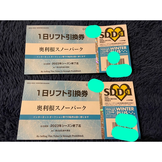 奥利根スノーパーク 1日リフト引換券 2枚 - スキー場