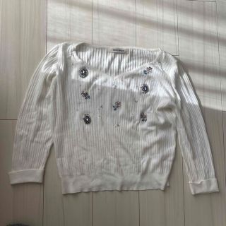 ミッシュマッシュ(MISCH MASCH)のミッシュマッシュ　ニット　トップス　セーター　M ビジュー　花　キラキラ　白　Ｖ(ニット/セーター)