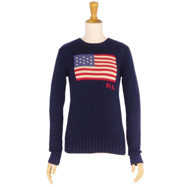 POLO RALPH LAUREN(ポロラルフローレン)の美品 ポロラルフローレン POLO RALPH LAUREN ニット セーター ロングスリーブ 星条旗 コットン トップス レディース XS ネイビー/アイボリー/レッド/ブルー レディースのトップス(ニット/セーター)の商品写真