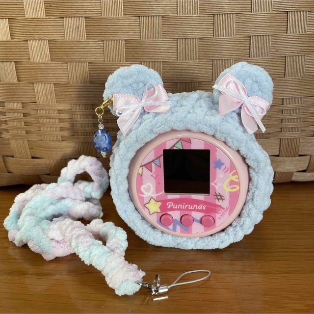 ぷにるんずカバー♡空色*ストラップ付き ぷにるんずカバー♡アクア♡pinkリボン♡チャーム♡ストラップ