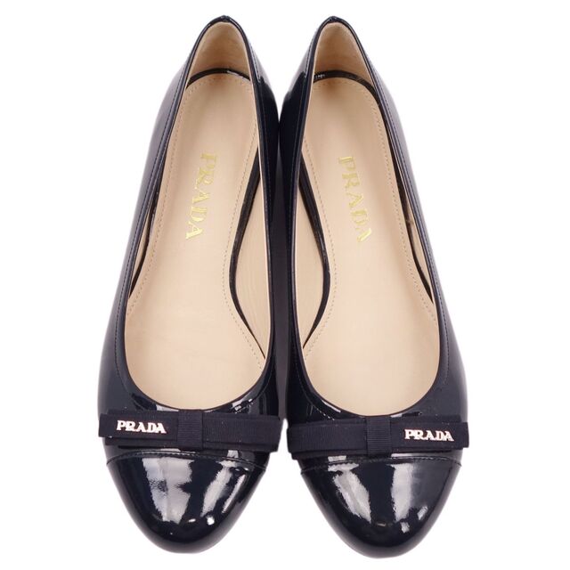 美品 プラダ PRADA パンプス フラットシューズ パテントレザー リボン レディース 靴 36(23cm相当) ネイビー