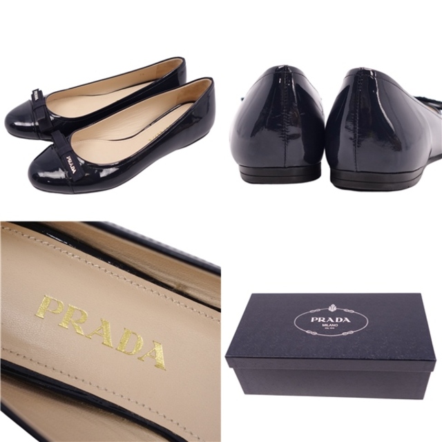 美品 プラダ PRADA パンプス フラットシューズ パテントレザー リボン レディース 靴 36(23cm相当) ネイビー