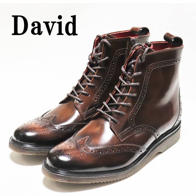 《David》箱付新品 サイドジップ ウイングチップ レザーブーツ 茶 25cm