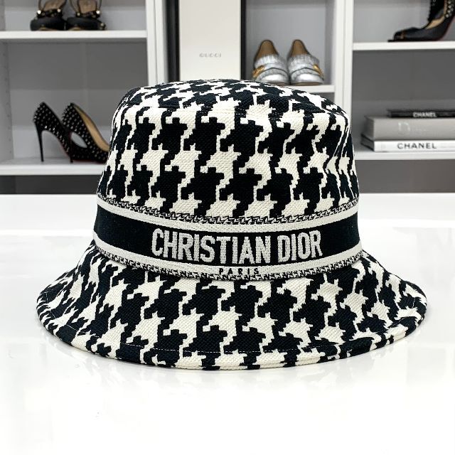 Christian Dior - 6162 クリスチャンディオール バケットハット 千鳥格子柄 ロゴ ブラック