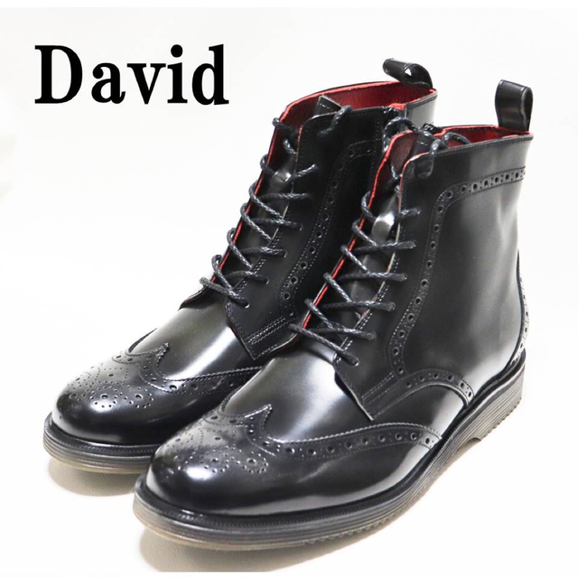 《David》箱付新品 サイドジップ ウイングチップ レザーブーツ 黒 25cm