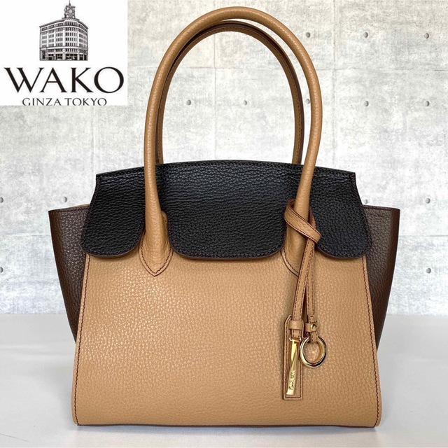 WAKO】ワコウ 銀座 和光 グレージュ 持ち手ブラウン レザー WAKO】ワコウ 銀座 和光 グレージュ 持ち手ブラウン レザー