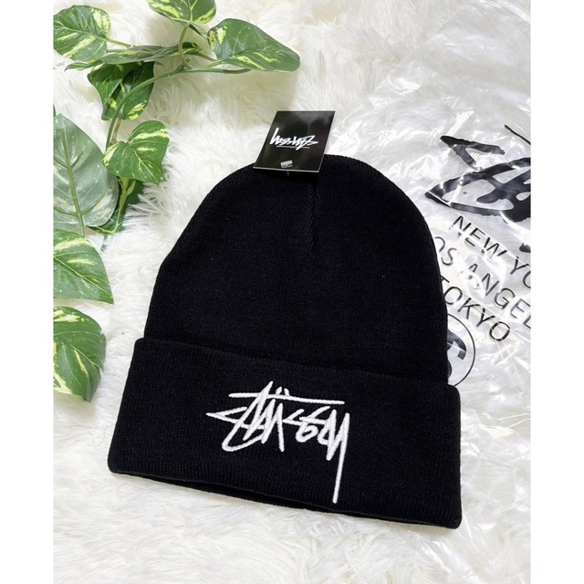 stussy ステューシー ビーニー ニット帽 黒 白 ストリート ブラックの