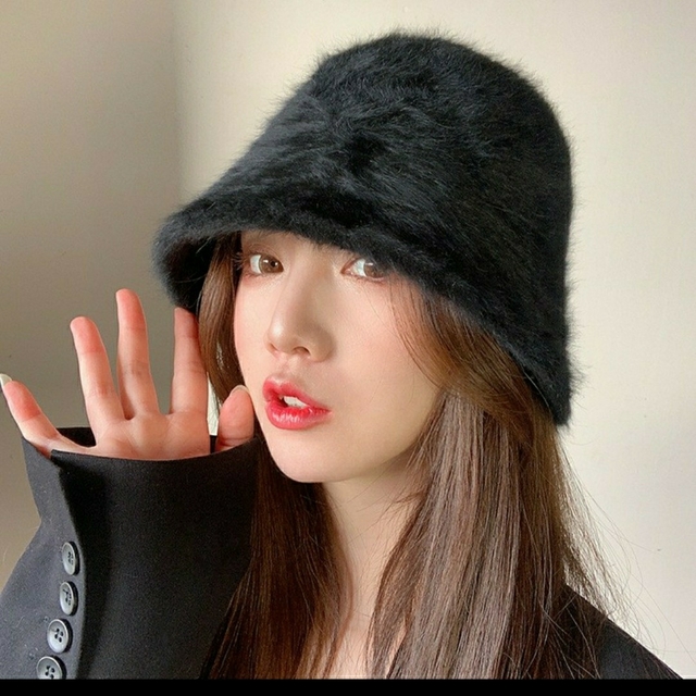 ブラック☆バケットハット ファー シャギー 帽子 韓国 バケハ おしゃれ