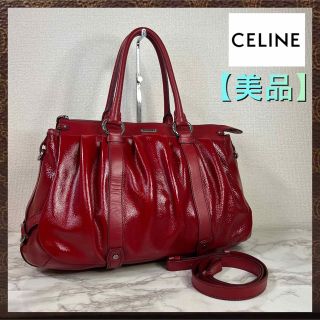 極 美品 CELINE セリーヌ ヴィンテージ リング 金具 レザー 本革 チェーン 2way ハンドバッグ ミニ ショルダーバッグ レッド 28791