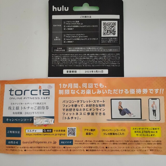 Hulu　トルチャ　日本テレビ株主優待 チケットの優待券/割引券(その他)の商品写真