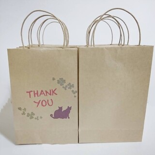 サンキュー 猫 クラフト紙袋 手提げ袋 ラッピング袋 包装  角底 6枚(ラッピング/包装)