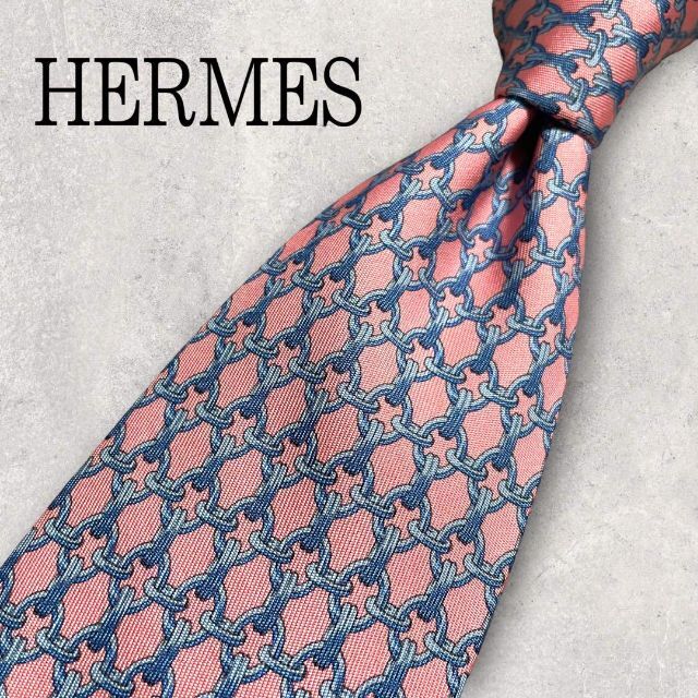 Hermes(エルメス)のHERMES エルメス チェーン 格子柄 ネクタイ ピンク シルクエルメス メンズのファッション小物(ネクタイ)の商品写真