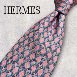 エルメス(Hermes)のHERMES エルメス チェーン 格子柄 ネクタイ ピンク シルクエルメス(ネクタイ)