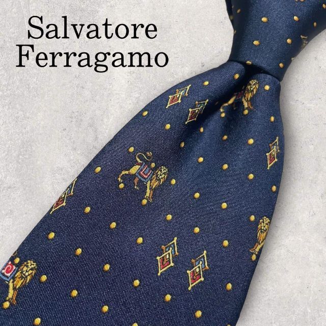 Salvatore Ferragamo(サルヴァトーレフェラガモ)の美品 Ferragamo フェラガモ ライオン ドット柄 アニマル ネクタイ 紺 メンズのファッション小物(ネクタイ)の商品写真