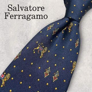 サルヴァトーレフェラガモ(Salvatore Ferragamo)の美品 Ferragamo フェラガモ ライオン ドット柄 アニマル ネクタイ 紺(ネクタイ)