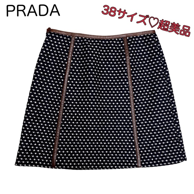 PRADA プラダ バージンウール×レザー ツイードスカート38 美品