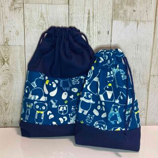 巾着2点セット　ブルー系パンダ柄　巾着袋/体操服袋他(外出用品)