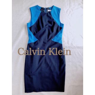 カルバンクライン(Calvin Klein)の極美品☆カルバンクライン　ワンピース　バイカラー　ロイヤルブルー　ネイビー　膝丈(ひざ丈ワンピース)