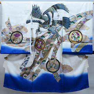 お宮参り 産着 のしめ 男児 正絹 綸子地 金刺繍 白地 鷹 NO36340(お宮参り用品)