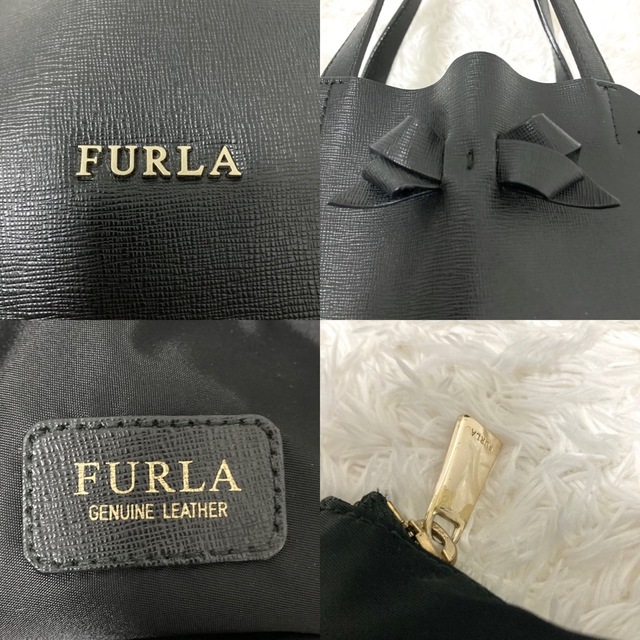 Furla(フルラ)のフルラ トート ハンドバッグ 黒 リボン 金具 サフィアーノレザー ポーチ付 レディースのバッグ(ハンドバッグ)の商品写真