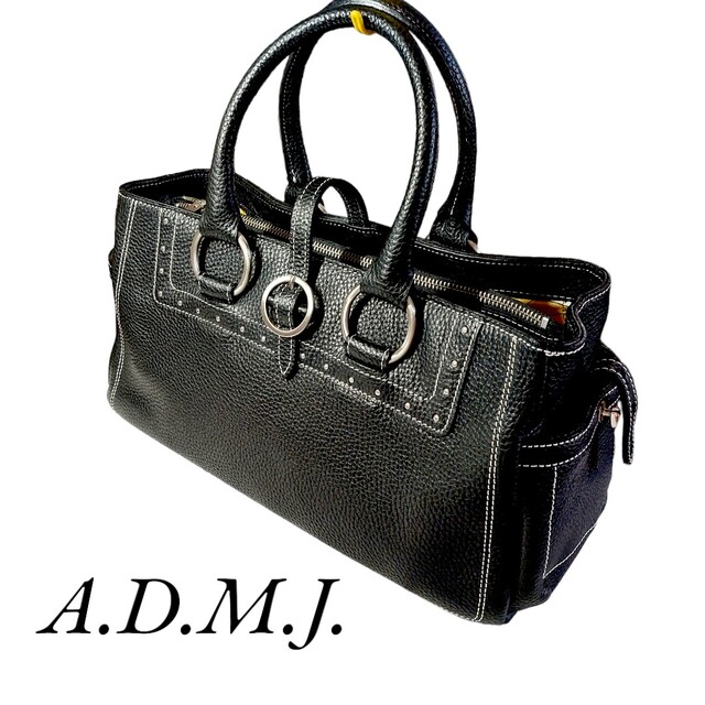 日本正規品取扱店 A.D.M.J. 黒 シボ革 レザー ハンドバッグ スタッズ