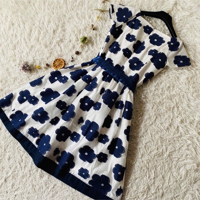 美品 エムズグレイシー 花柄 刺繍 リボン ひざ丈 フレア ワンピース 日本製