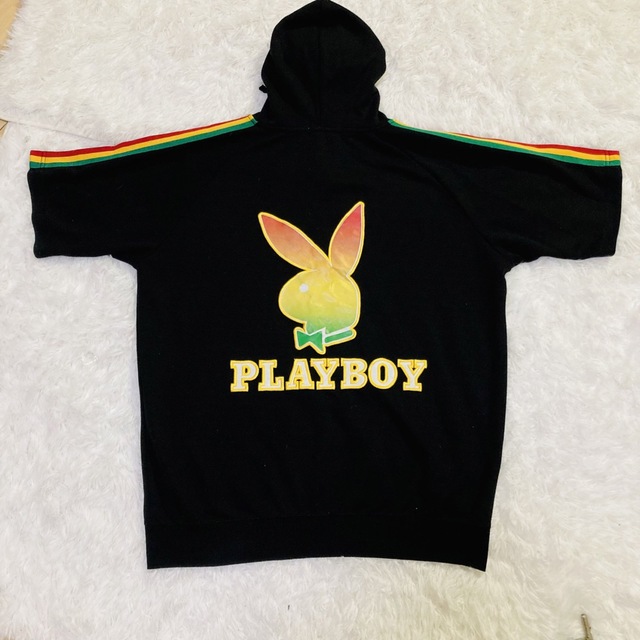 PLAYBOY(プレイボーイ)のPLAYBOY半袖ジップアップパーカー/立体ビッグバニー/エンブレム刺繍/XL メンズのトップス(パーカー)の商品写真