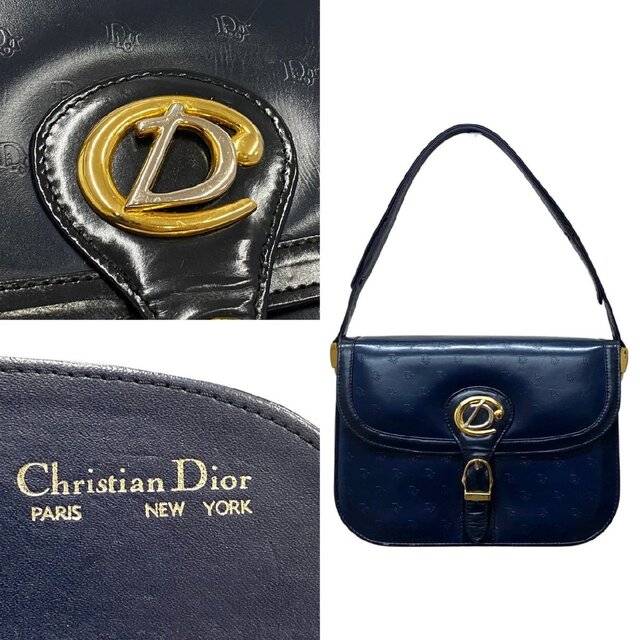 極 美品 レア Christian Dior ディオール CD ロゴ 金具 レザー 本革 2way ハンドバッグ セミ ショルダーバッグ ネイビー  59975