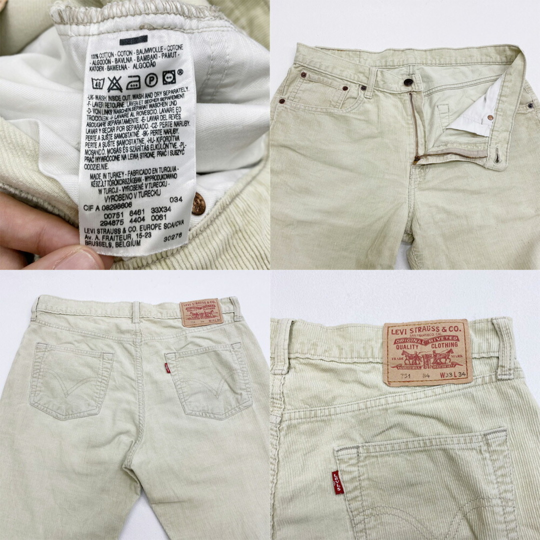 ユーロ リーバイス Euro Levi's 751 コーデュロイパンツ 細畝 ストレート サイズ：W34 L29 クリームイエロー系 ユーロ古着  【中古】