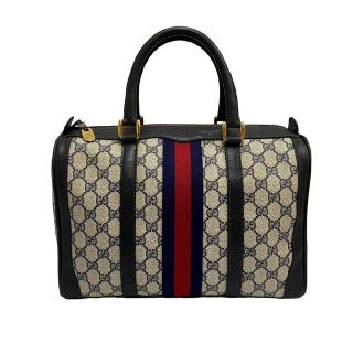 グッチ(Gucci)の極 美品 GUCCI グッチ オールドグッチ ヴィンテージ シェリーライン GG レザー ミニ ボストンバッグ ハンドバッグ ネイビー 98467(ボストンバッグ)