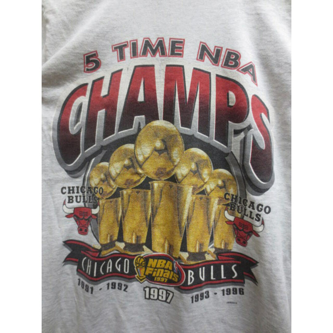 FRUIT OF THE LOOM NBA "Chicago Bulls"/ シカゴブルズ "5 TIME NBA CHAMPS" バッファロープリント Tシャツ 杢グレー系 Made in U.S.A【サイズ：Boy's 14-16】【バスケットボール】【レディース】