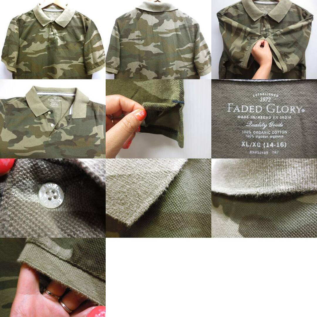 【中古】FADED GLORY 迷彩 総柄 半袖 オーガニックコットン 鹿の子 ポロシャツ 緑系×茶系 【サイズ：Boy's XL(14-16)】【カモフラージュ】 メンズのトップス(ポロシャツ)の商品写真