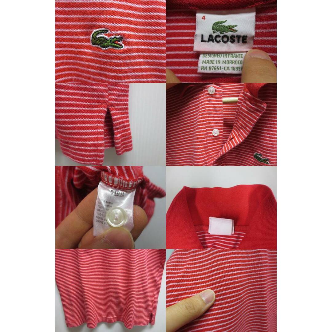 LACOSTE(ラコステ)の【中古】LACOSTE/ラコステ ボーダー柄 半袖 鹿の子ポロシャツ ワンポイント 赤×白【サイズ：4】【小さめサイズ】【レディース】 メンズのトップス(ポロシャツ)の商品写真